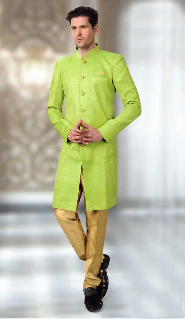 Sea Green Color Brocade Designer Readymade Indo Weastern Plus Size Sherwani -724189717
