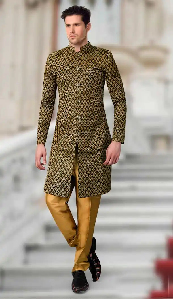 Black Color Jacquard Designer Readymade Indo Weastern Plus Size Sherwani -724189718