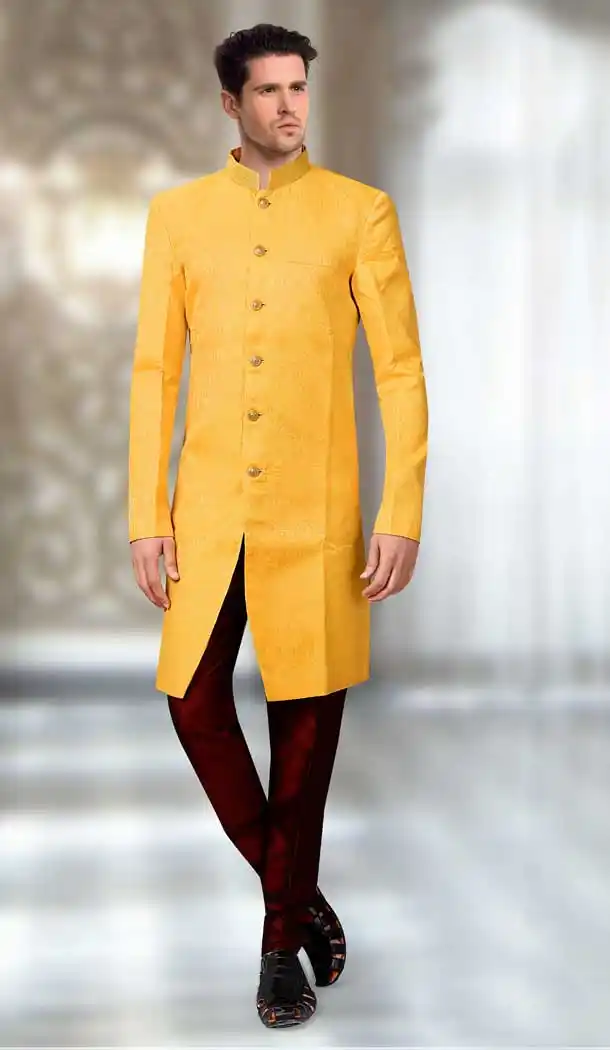Yellow Color Jacquard Designer Readymade Indo Weastern Plus Size Sherwani -724189719