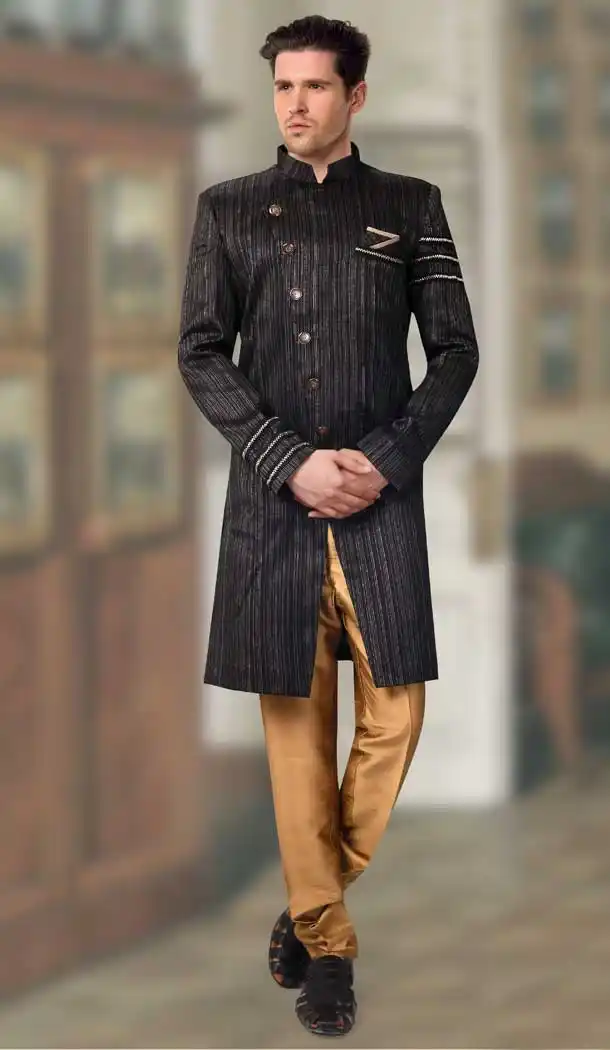 Black Color Jacquard Designer Readymade Indo Weastern Plus Size Sherwani -724189721