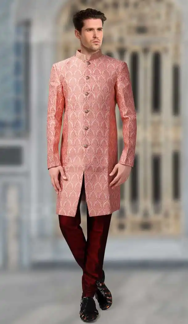 Pink Color Jacquard Designer Readymade Indo Weastern Plus Size Sherwani -724189722