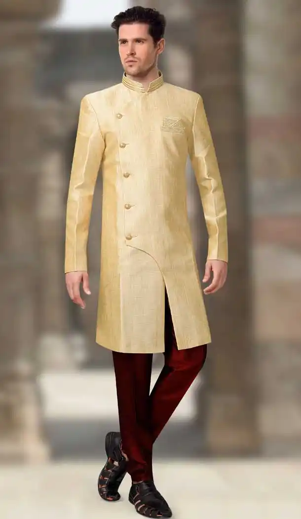 Golden Color Silk Designer Readymade Indo Weastern Plus Size Sherwani -724189724