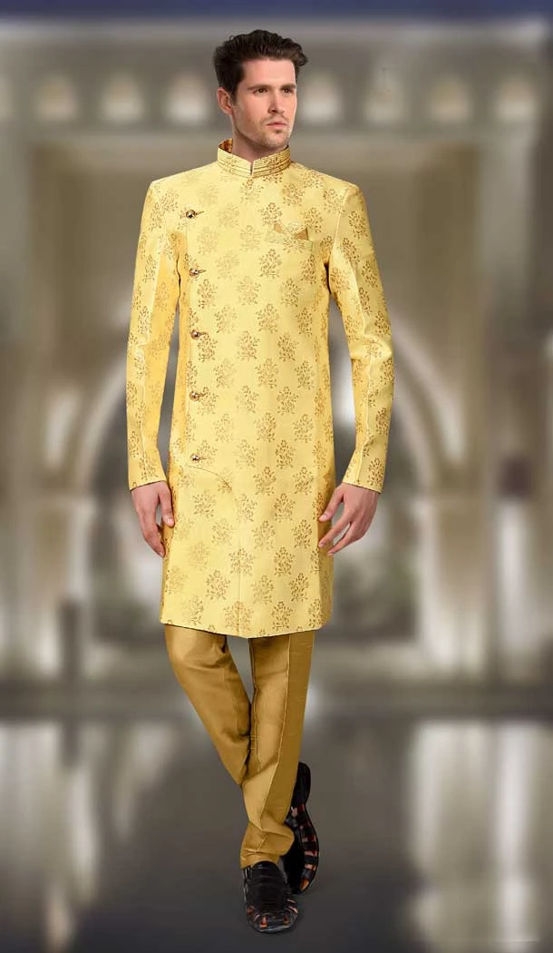Yellow Color Jacquard Designer Readymade Indo Weastern Plus Size Sherwani -724189725