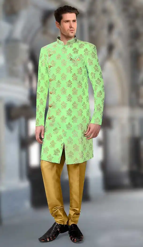 Sea Green Color Jacquard Designer Readymade Indo Weastern Plus Size Sherwani -724189726