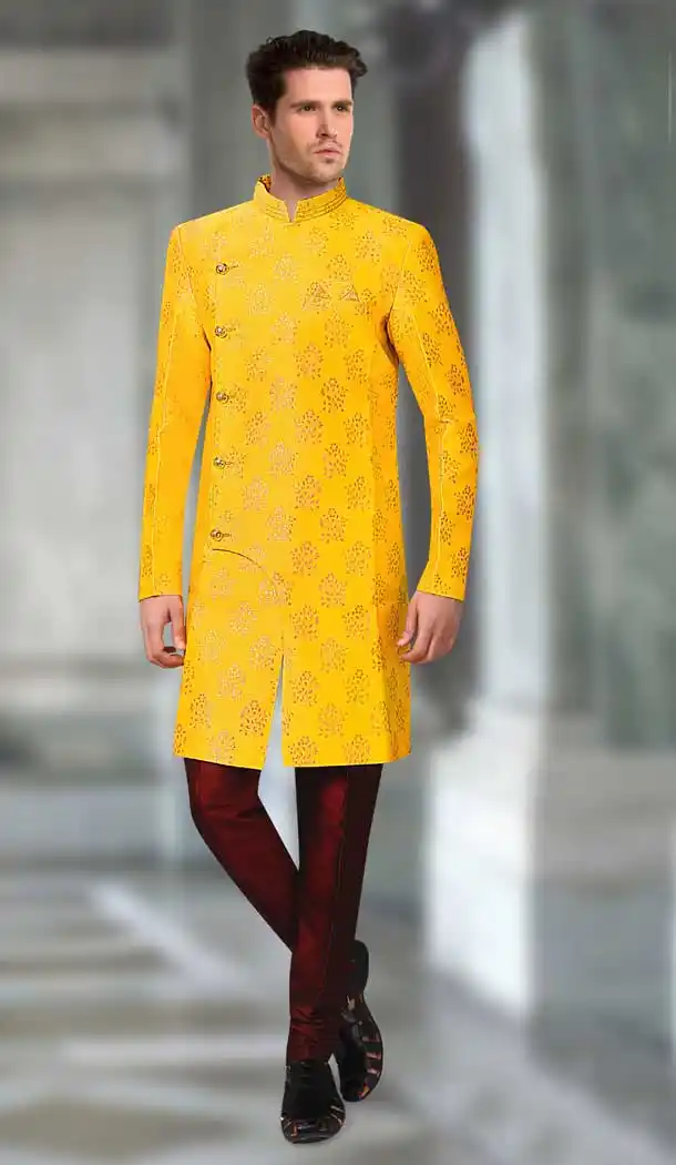 Yellow Color Jacquard Designer Readymade Indo Weastern Plus Size Sherwani -724189727
