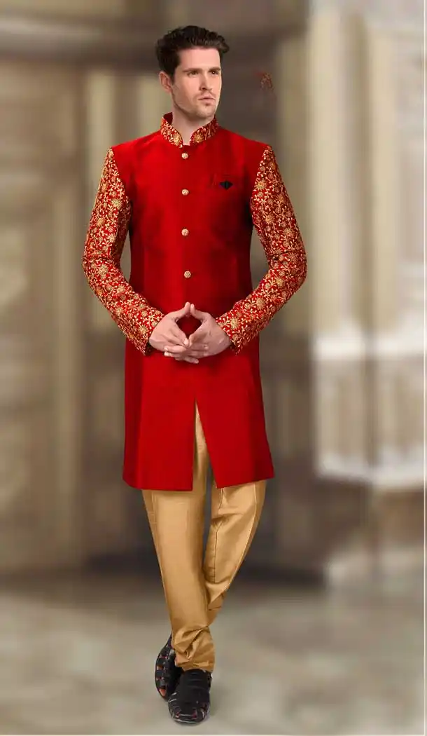 Dark Red Color Silk Designer Readymade Indo Weastern Plus Size Sherwani -724189728