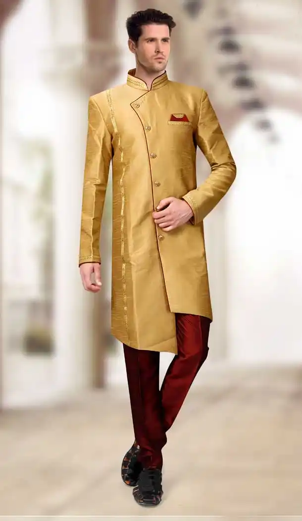 Gold Color Silk Designer Readymade Indo Weastern Plus Size Sherwani -724189729