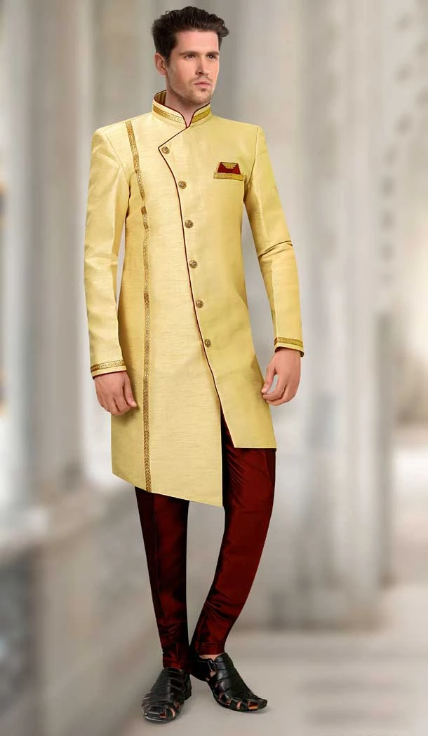 Light Yellow Color Silk Designer Readymade Indo Weastern Plus Size Sherwani -724189730