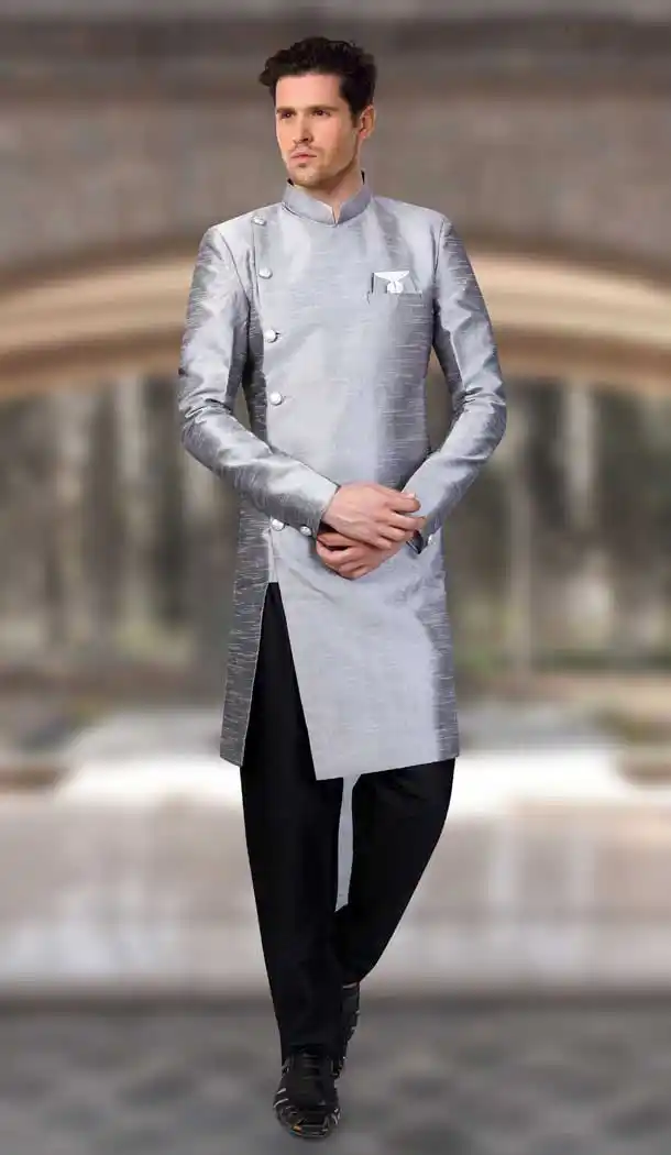 Grey Color Silk Designer Readymade Indo Weastern Plus Size Sherwani -724189731