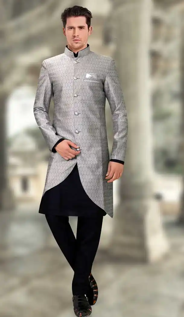 Grey Color Jacquard Designer Readymade Indo Weastern Plus Size Sherwani -724189732