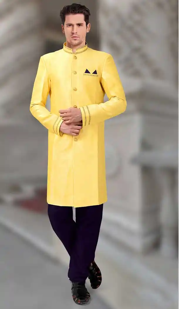 Mild Yellow Color Silk Designer Readymade Indo Weastern Plus Size Sherwani -724189733