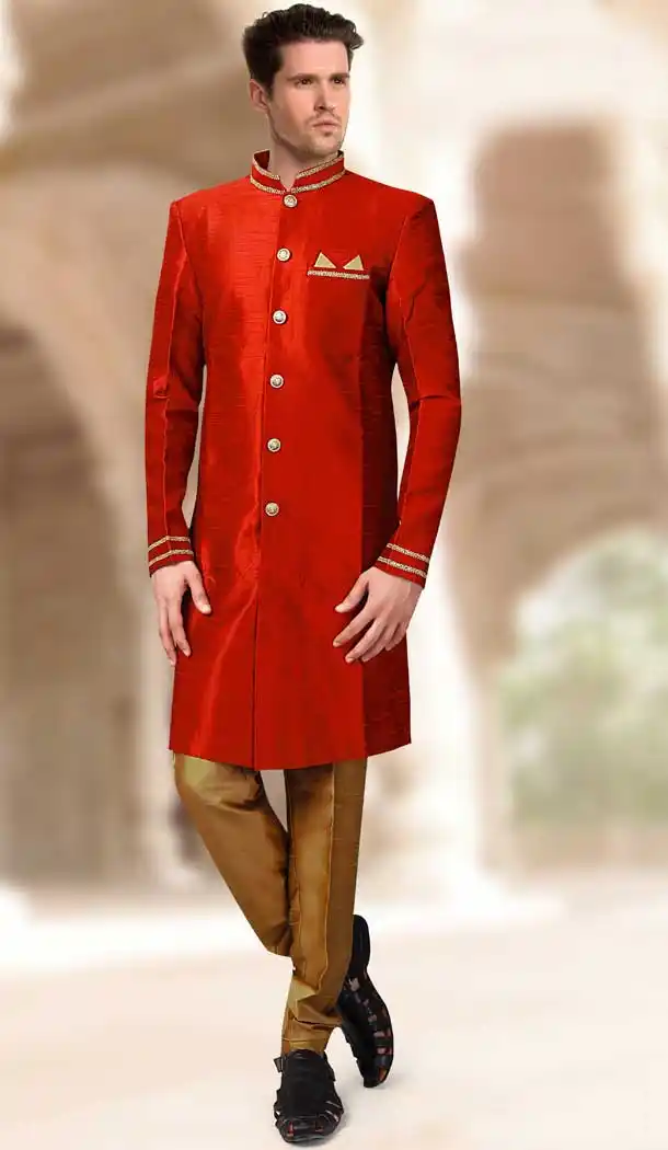Dark Red Color Silk Designer Readymade Indo Weastern Plus Size Sherwani -724189734