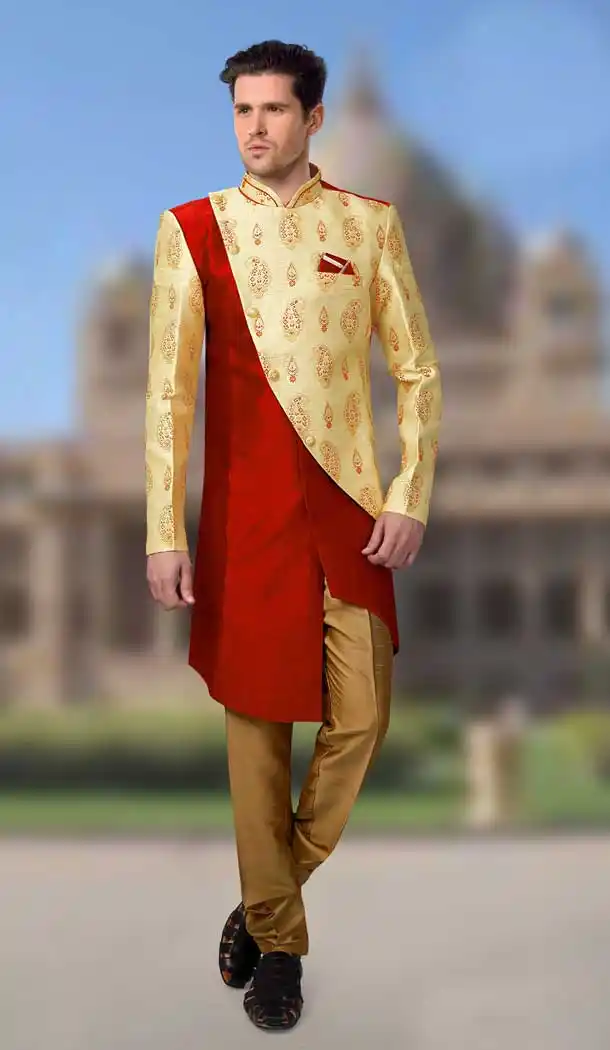 Yellow Maroon Color Jacquard Designer Readymade Indo Weastern Plus Size Sherwani -724189736