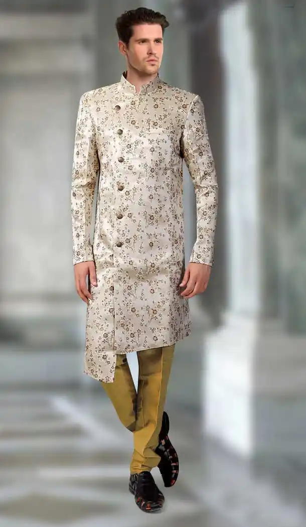Grey Color Jacquard Designer Readymade Indo Weastern Plus Size Sherwani -724189738