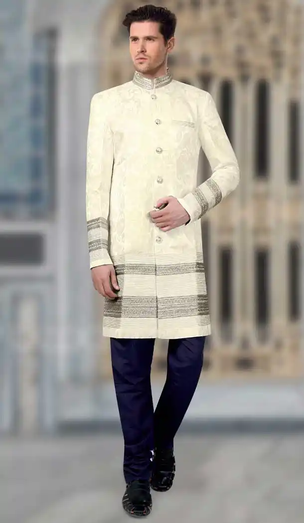 Off White Color Brocade Designer Readymade Indo Weastern Plus Size Sherwani -724189740