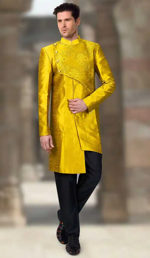 Yellow Color Silk Designer Readymade Indo Weastern Plus Size Sherwani -724189741
