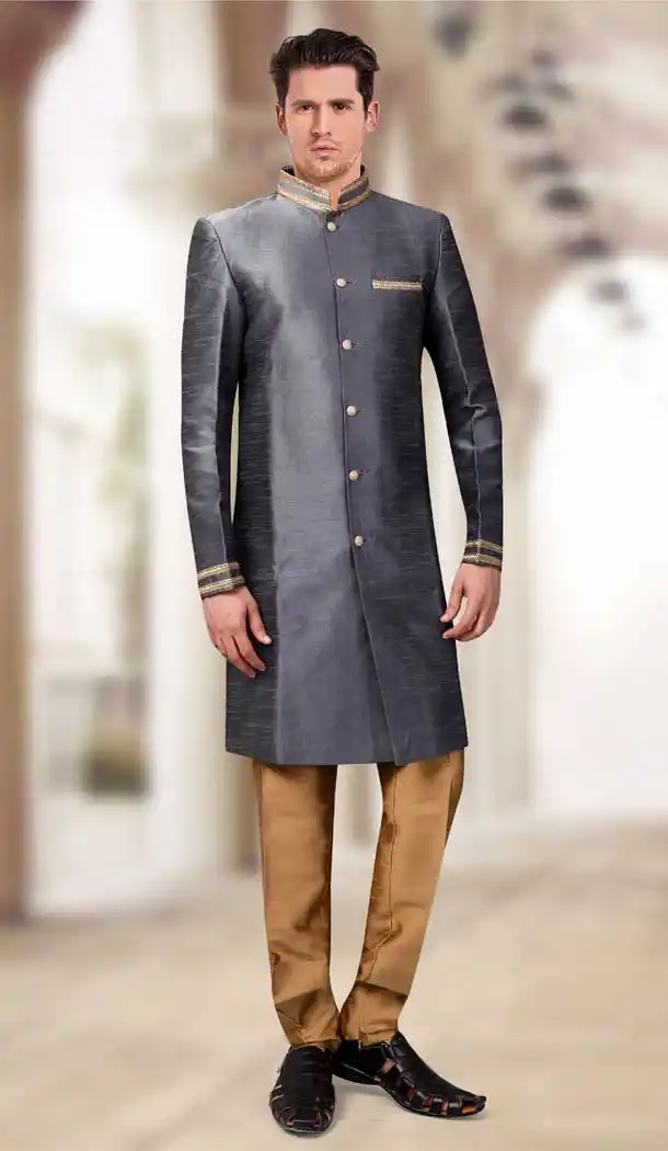 Dark Grey Color Silk Designer Readymade Indo Weastern Plus Size Sherwani -724189742