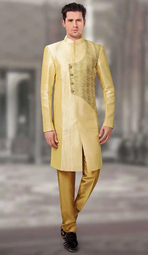 Light Yellow Color Silk Designer Readymade Indo Weastern Plus Size Sherwani -724189743