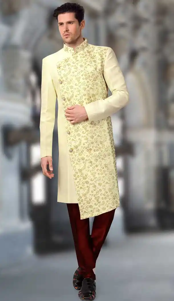 Cream Color Brocade Designer Readymade Indo Weastern Plus Size Sherwani -724189747