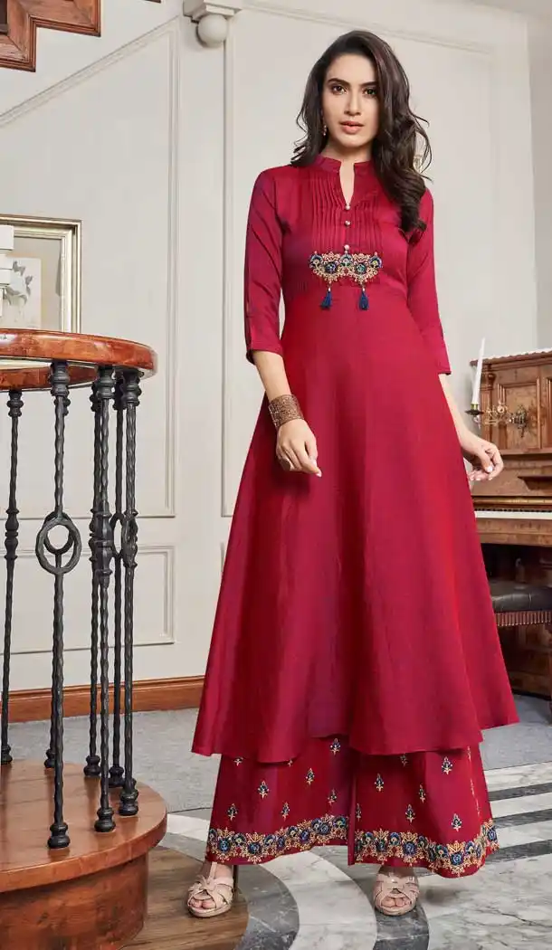 Alluring Maroon Color Two Tone Slub Cotton Readymade Palazzo Suit -724289748