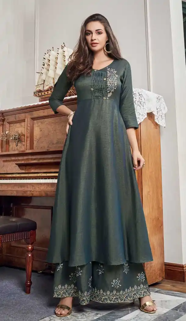 Aesthetic Grey Color Two Tone Slub Cotton Readymade Palazzo Suit -724289749