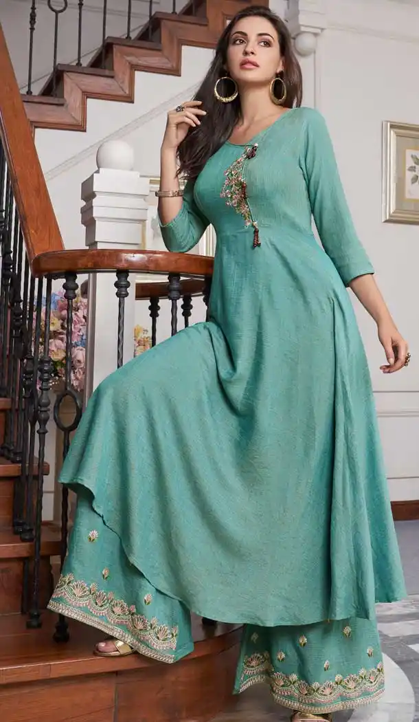 Alluring Sea Green Color Two Tone Slub Cotton Readymade Palazzo Suit -724289750