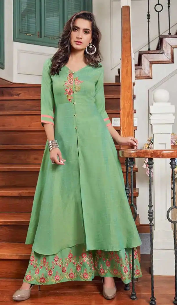 Splendorous Light Green Color Two Tone Slub Cotton Readymade Palazzo Suit -724289751