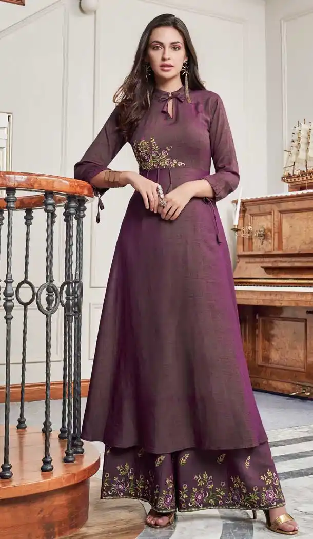 Fascinating Purple Color Two Tone Slub Cotton Readymade Palazzo Suit -724289752