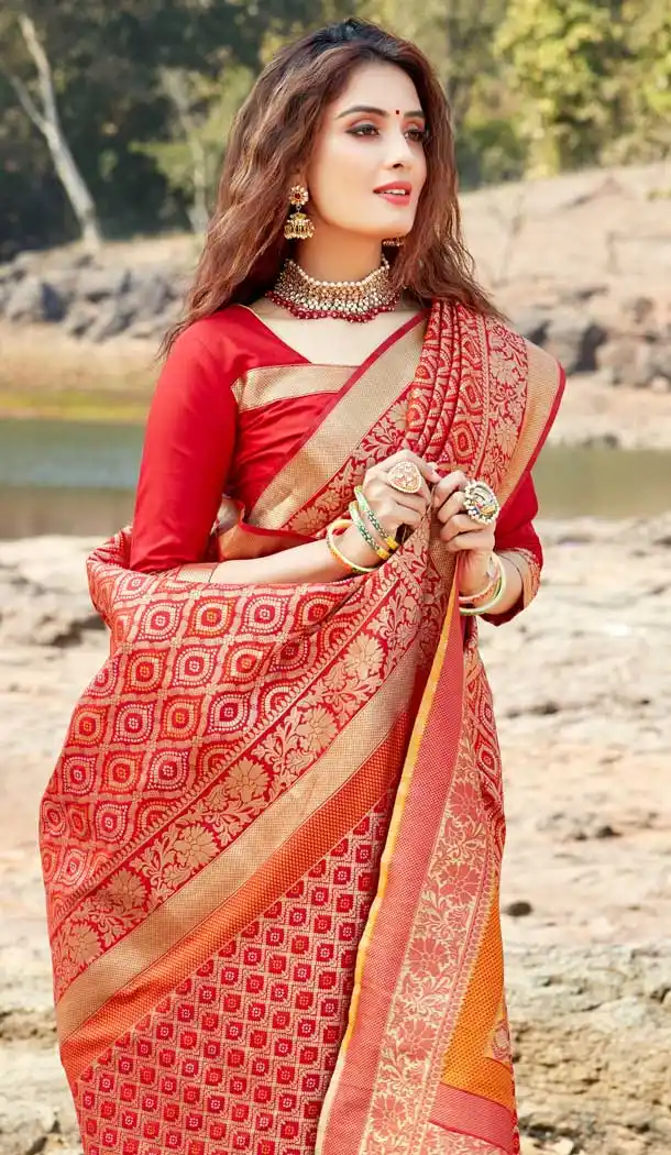 Red Color Banarasi Silk Designer Party Wear Saree Blouse -724389753