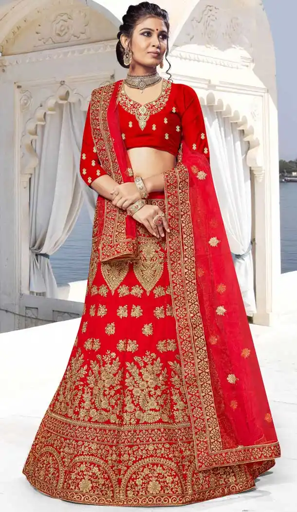 Red Color Velvet Heavy Zari Embroidery Designer Wedding Lehenga Choli -724789774