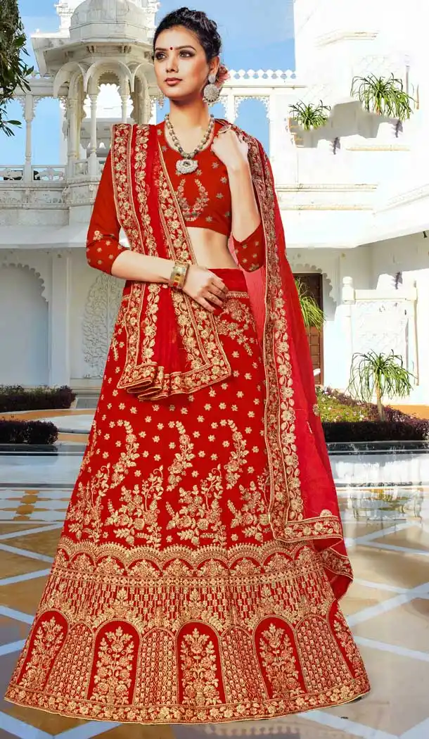 Red Color Velvet Heavy Zari Embroidery Designer Wedding Lehenga Choli -724789775
