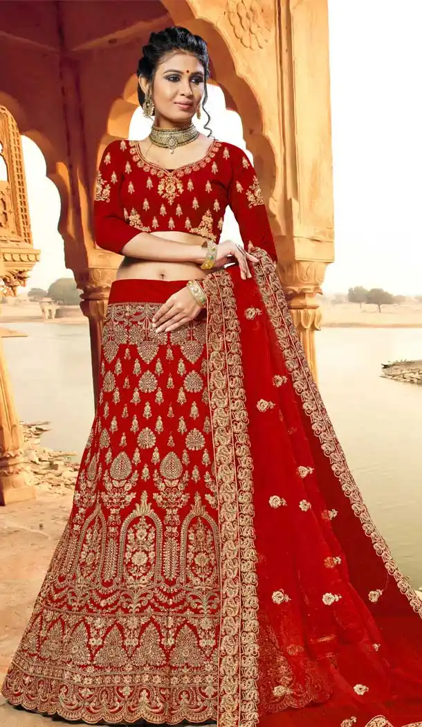 Red Color Velvet Heavy Zari Embroidery Designer Wedding Lehenga Choli -724789777