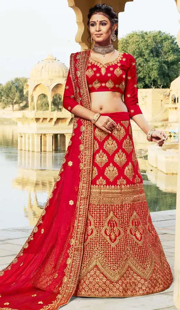 Trendy Red Color Velvet Heavy Zari Embroidery Designer Wedding Lehenga Choli -724789780
