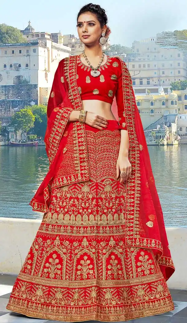 Adorable Red Color Velvet Heavy Embroidery Designer Weddin Lehenga Choli -724789782
