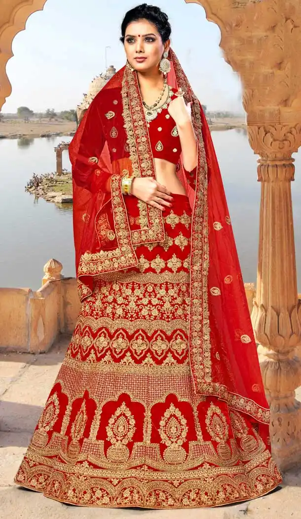 Divine Red Color Velvet Heavy Embroidery Designer Weddin Lehenga Choli -724789785