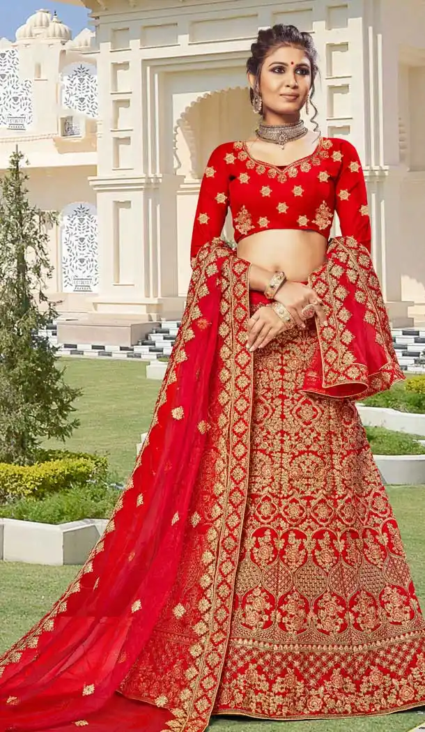 Fancy Red Color Velvet Heavy Embroidery Designer Weddin Lehenga Choli -724789786