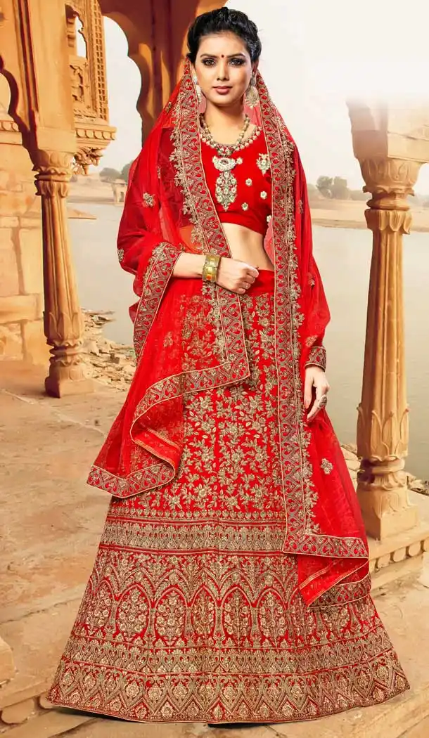 Red Color Velvet Heavy Embroidery Designer Weddin Lehenga Choli -724789788