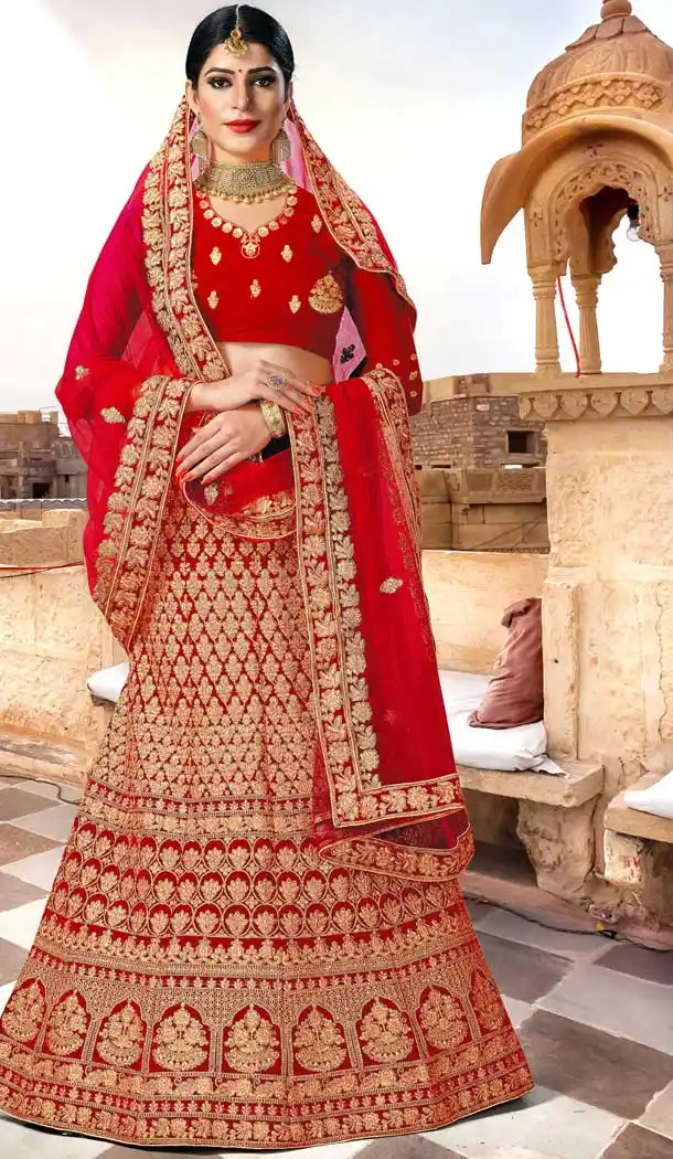 Elegance Red Color Velvet Heavy Embroidery Designer Weddin Lehenga Choli -724789790
