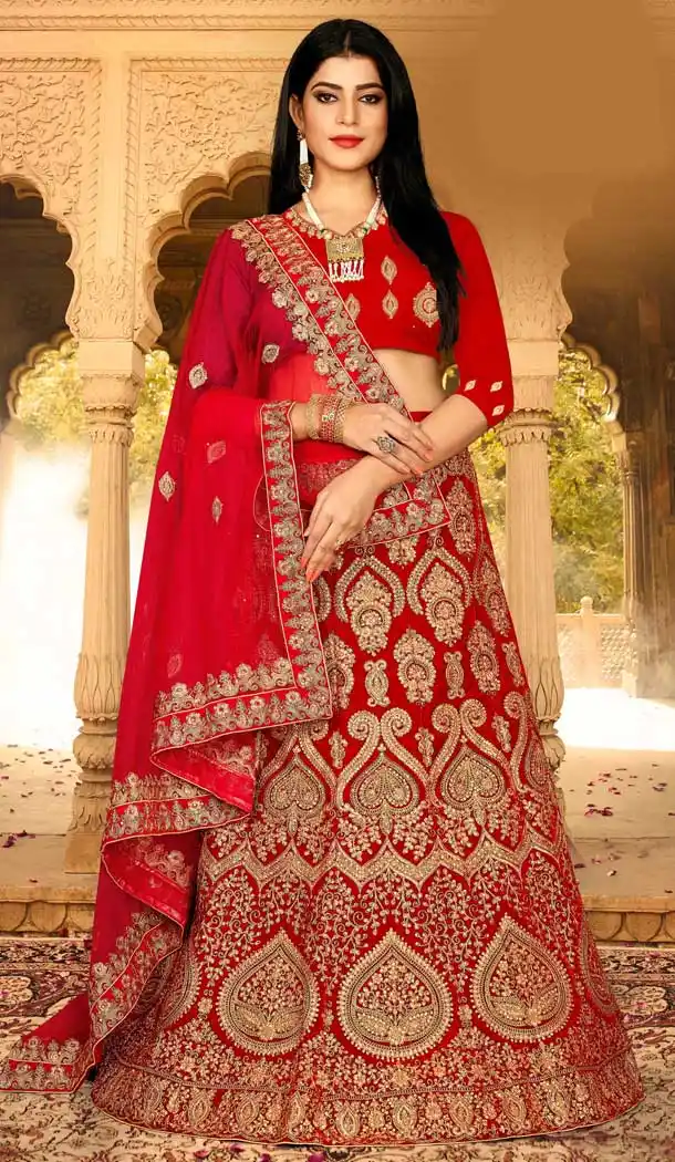 Charming Red Color Velvet Heavy Embroidery Designer Weddin Lehenga Choli -724789791