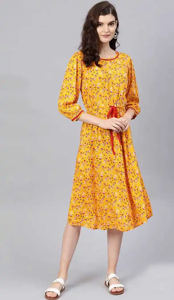 Yellow Color Viscose Cotton Digital Printed Readymade Kurtis -725089826