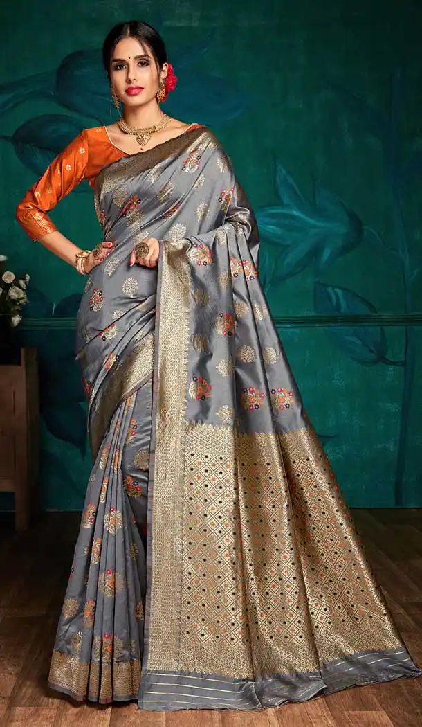 Grey Color Banarasi Silk Classic Designer Party Wear Sarees -725589869