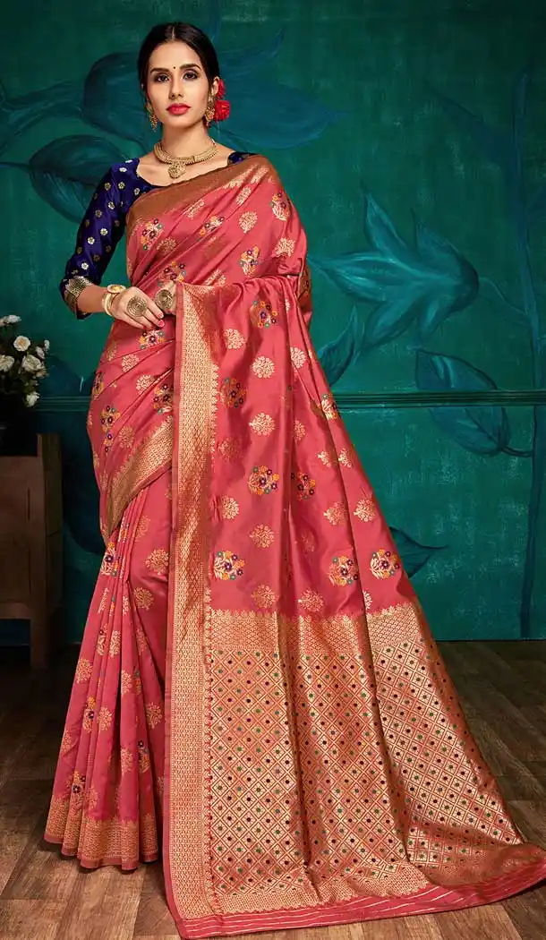 Coral Color Banarasi Silk Classic Designer Party Wear Sarees -725589871