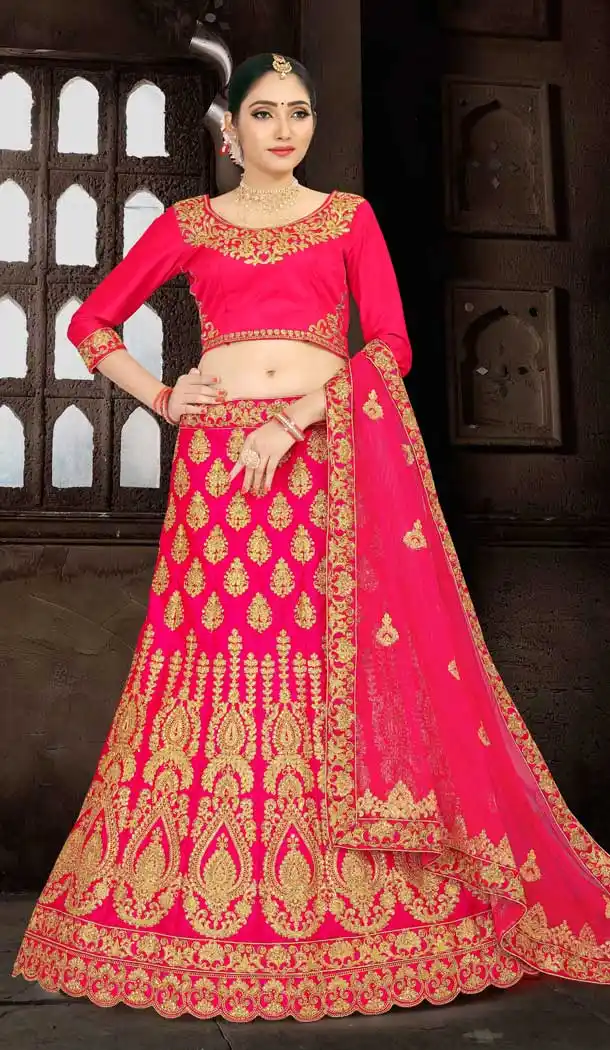 Gajari Pink Color Malai Satin Heavy Zari Embroidered Lehenga Choli -725789881