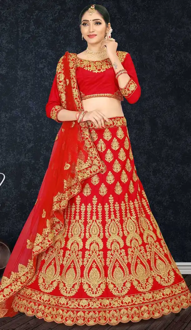 Red Color Malai Satin Heavy Zari Embroidered Lehenga Choli -725789882