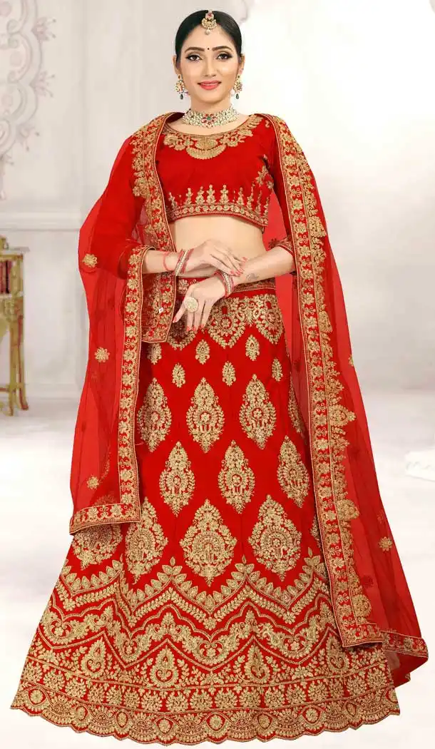 Exotic Red Color Malai Satin Heavy Zari Embroidered Lehenga Choli -725789883