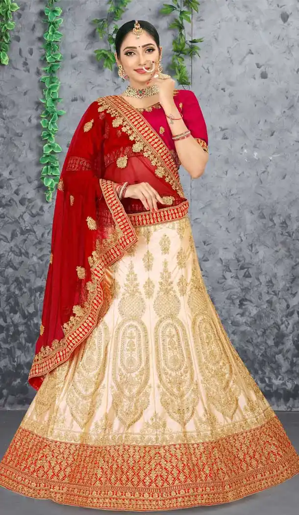 Cream Color Malai Satin Heavy Zari Embroidered Lehenga Choli -725789884