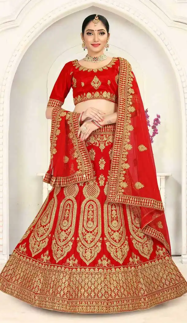 Elegant Red Color Malai Satin Heavy Zari Embroidered Lehenga Choli -725789886