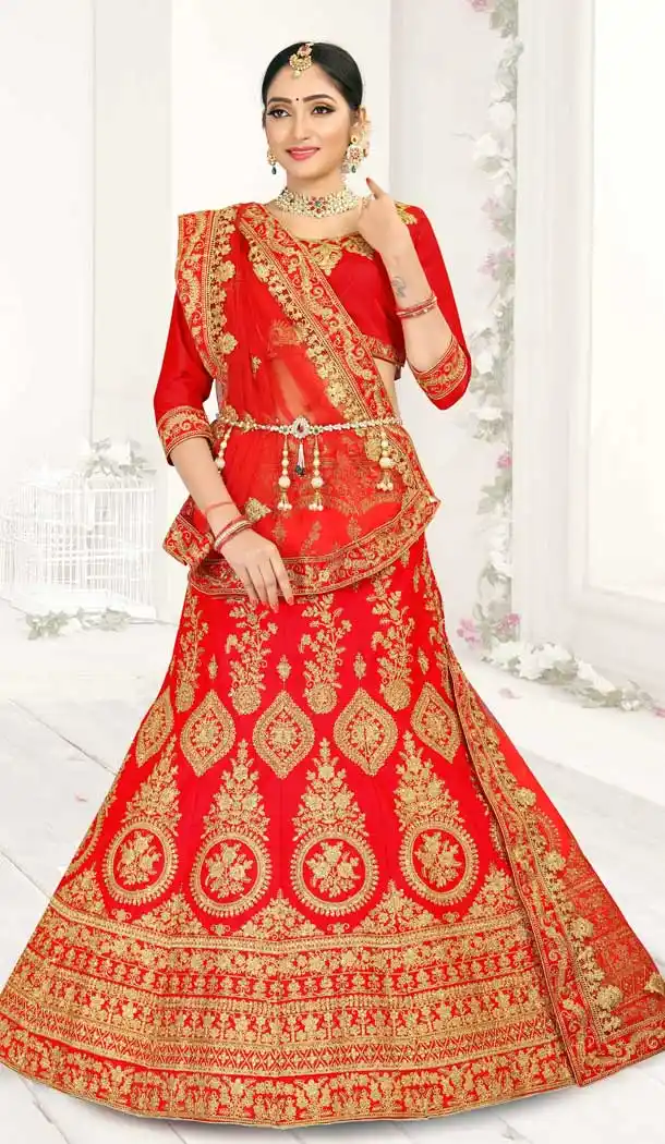 Fancy Red Color Malai Satin Heavy Zari Embroidered Lehenga Choli -725789887