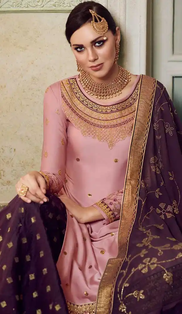 Light Pink Color Modal Satin Silk Deisnger Pakitani Palazzo Suit -726189908