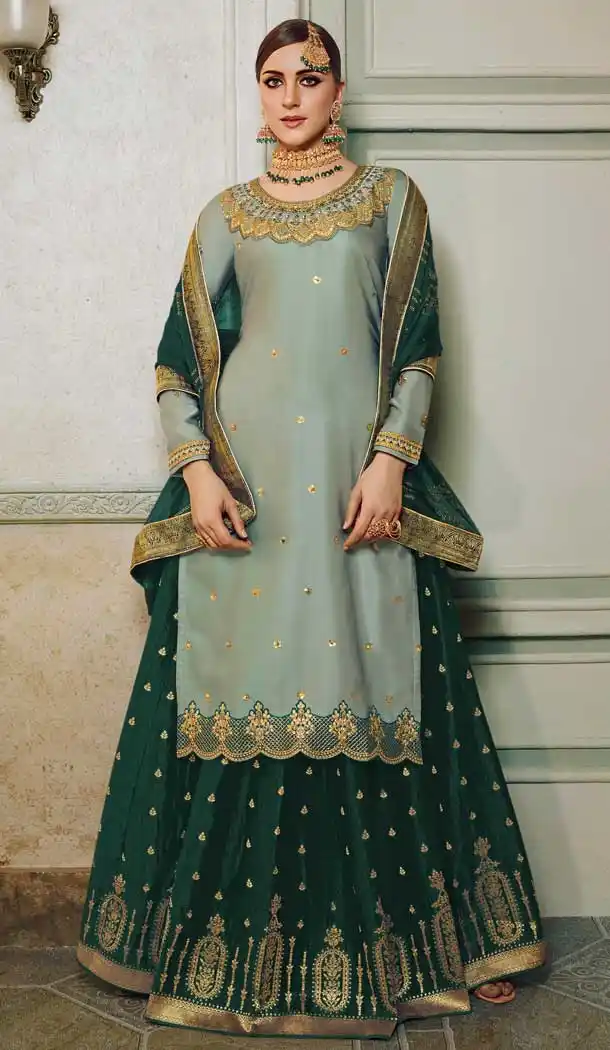 Grey Color Modal Satin Silk Deisnger Pakitani Palazzo Suit -726189909